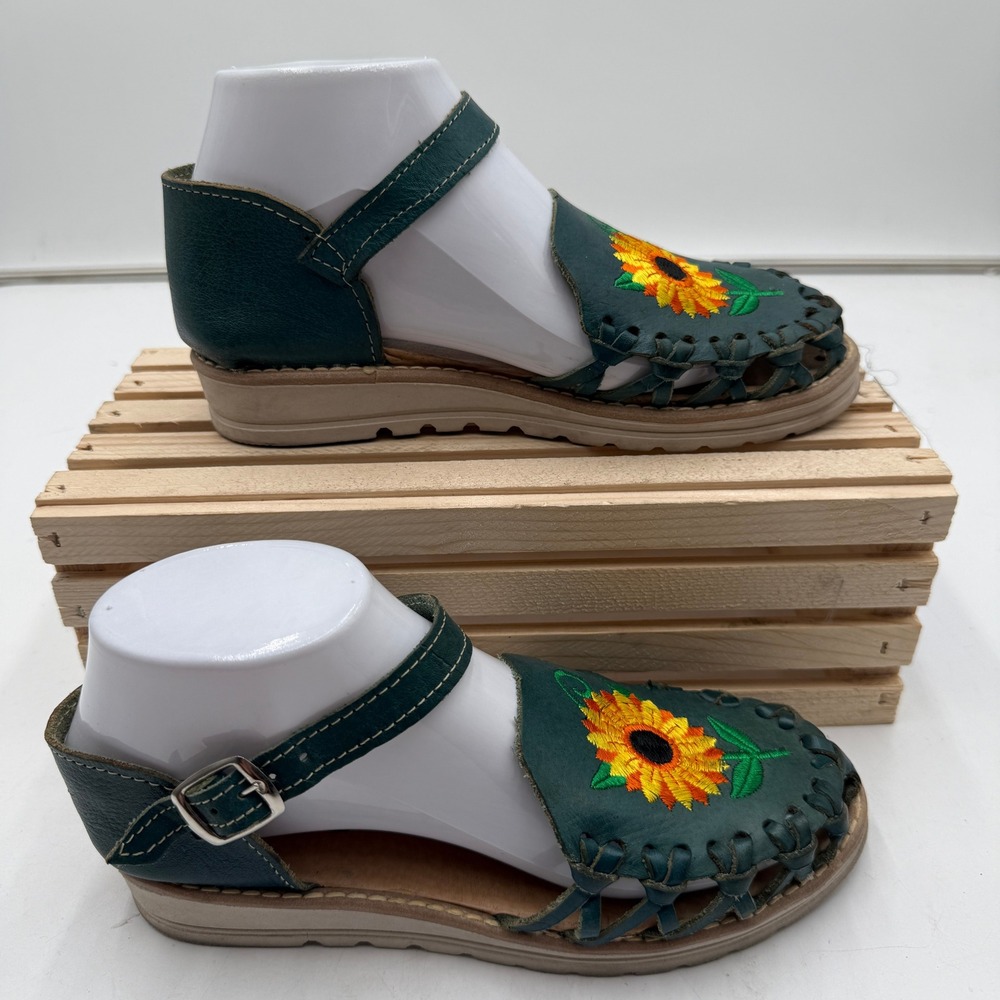 Alegat's Huaraches Mexican Leather Sunflower Embroidered Teal Sandals Women 6 - Picture 4 of 10